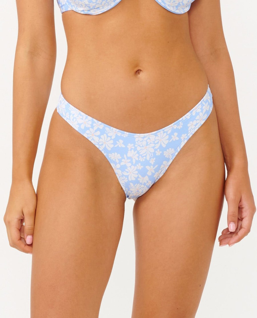 klassieke surfbikini met hoge beenuitsnijding en minimale bedekking.